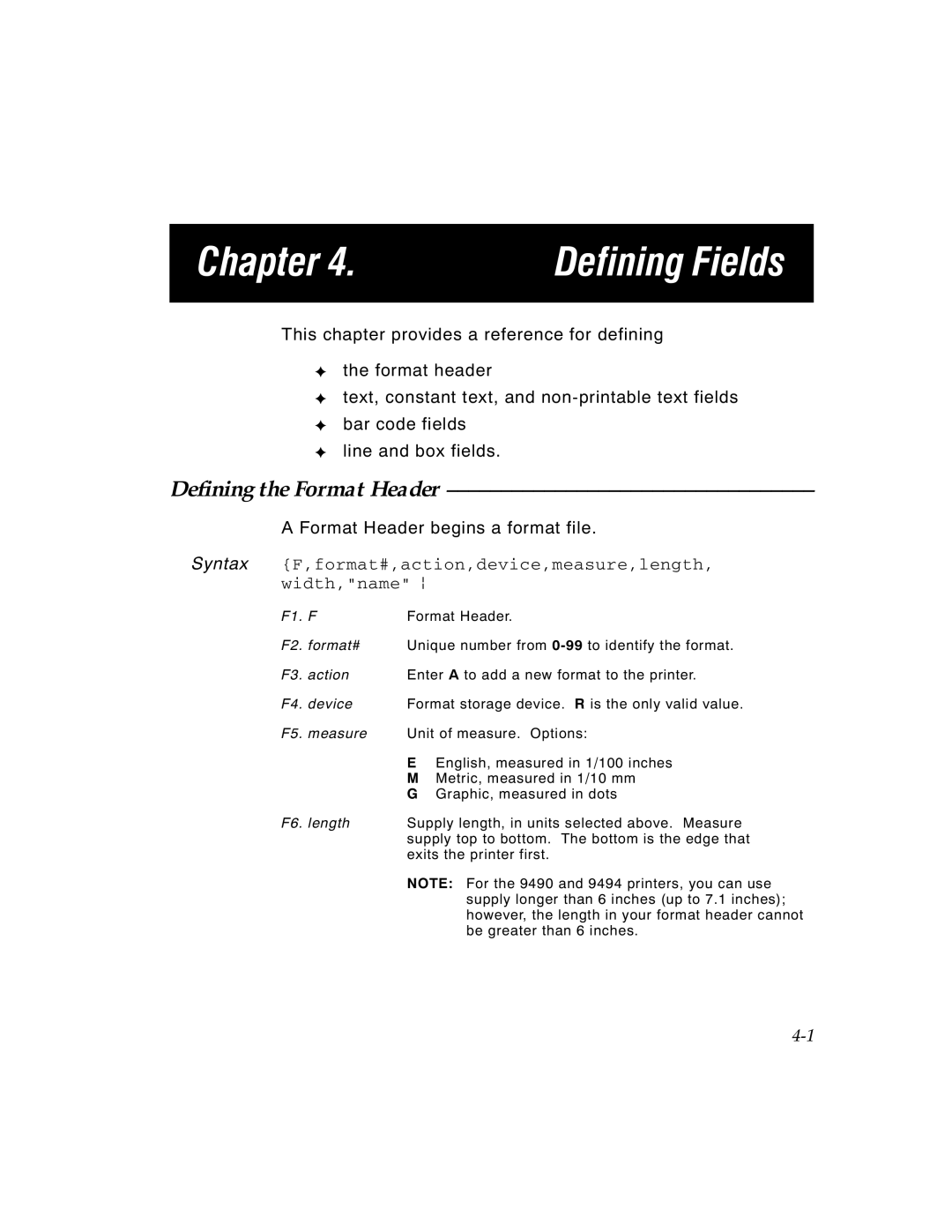 Paxar TCMPCL2PR manual Chapter Defining Fields, Defining the Format Header 