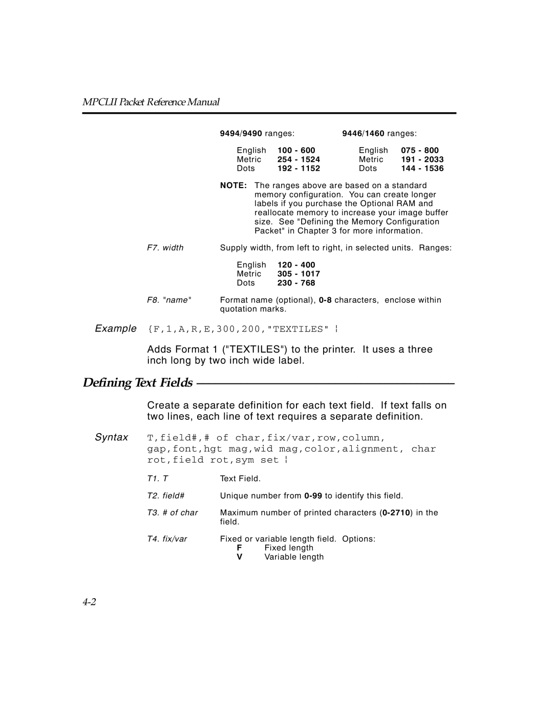 Paxar TCMPCL2PR manual Defining Text Fields, Example F,1,A,R,E,300,200,TEXTILES p 