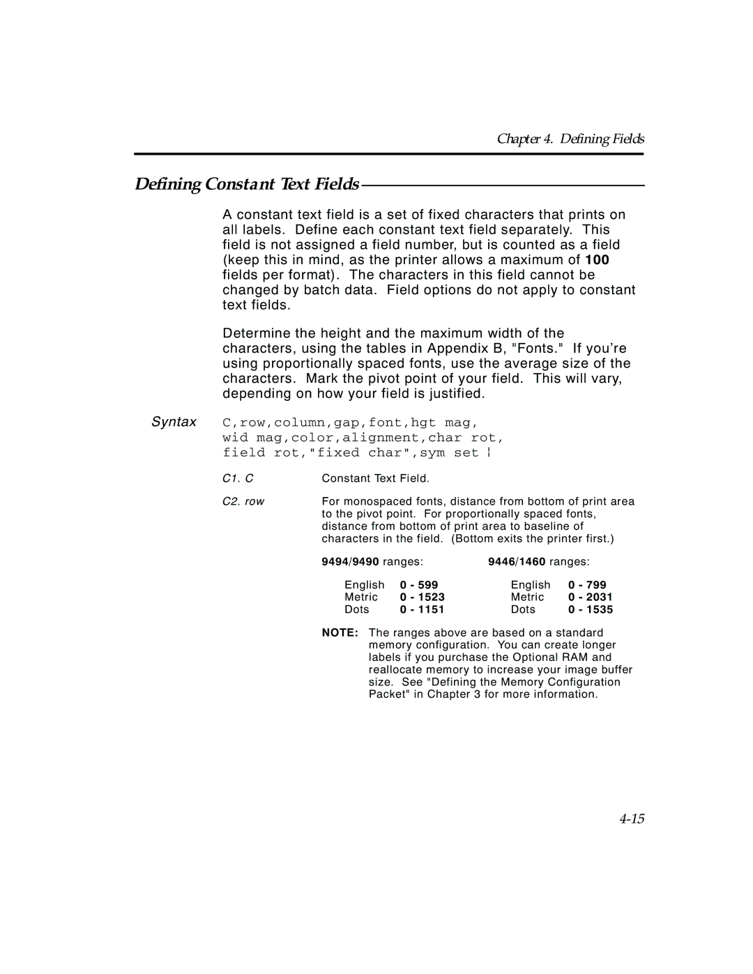 Paxar TCMPCL2PR manual Defining Constant Text Fields 