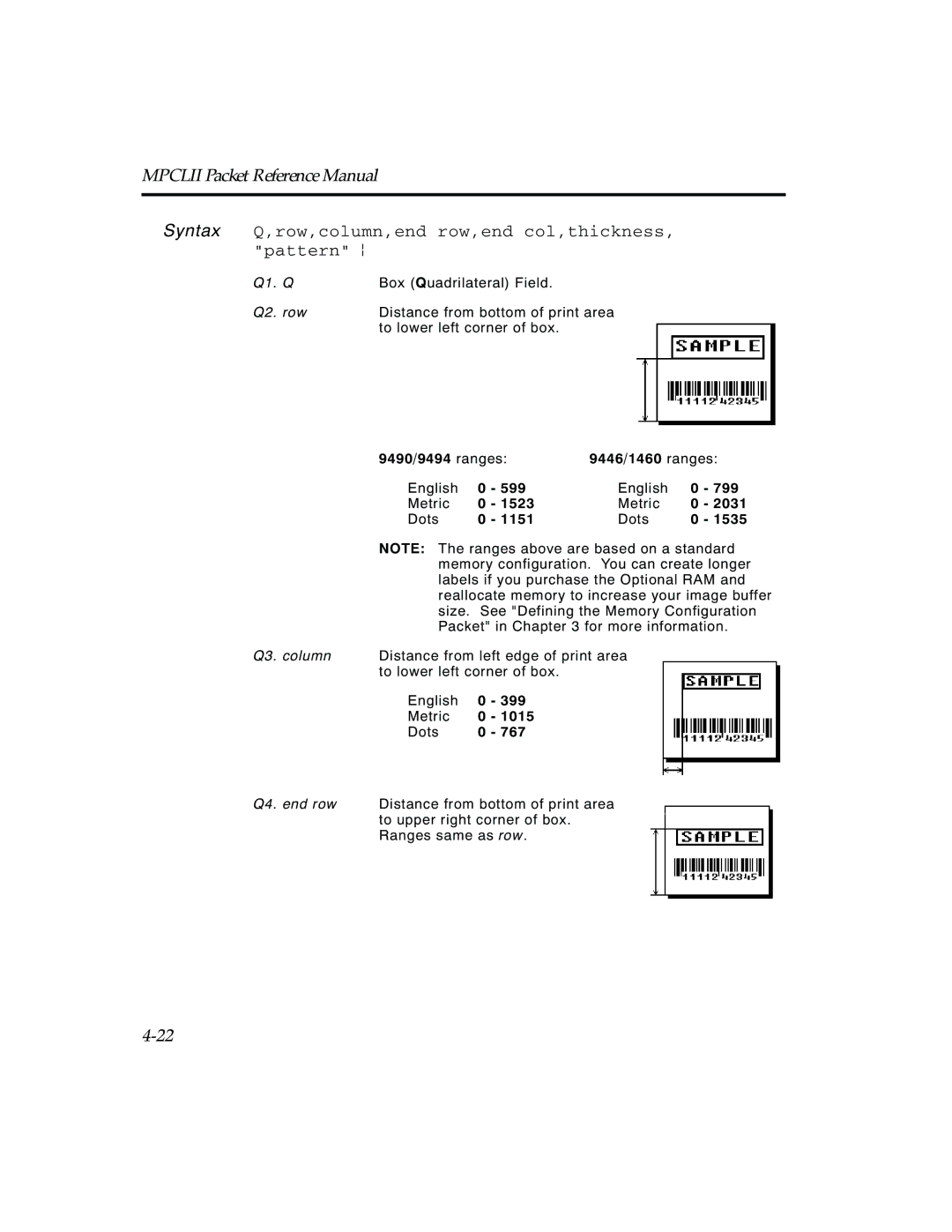 Paxar TCMPCL2PR manual Syntax Q,row,column,end row,end col,thickness, pattern p 