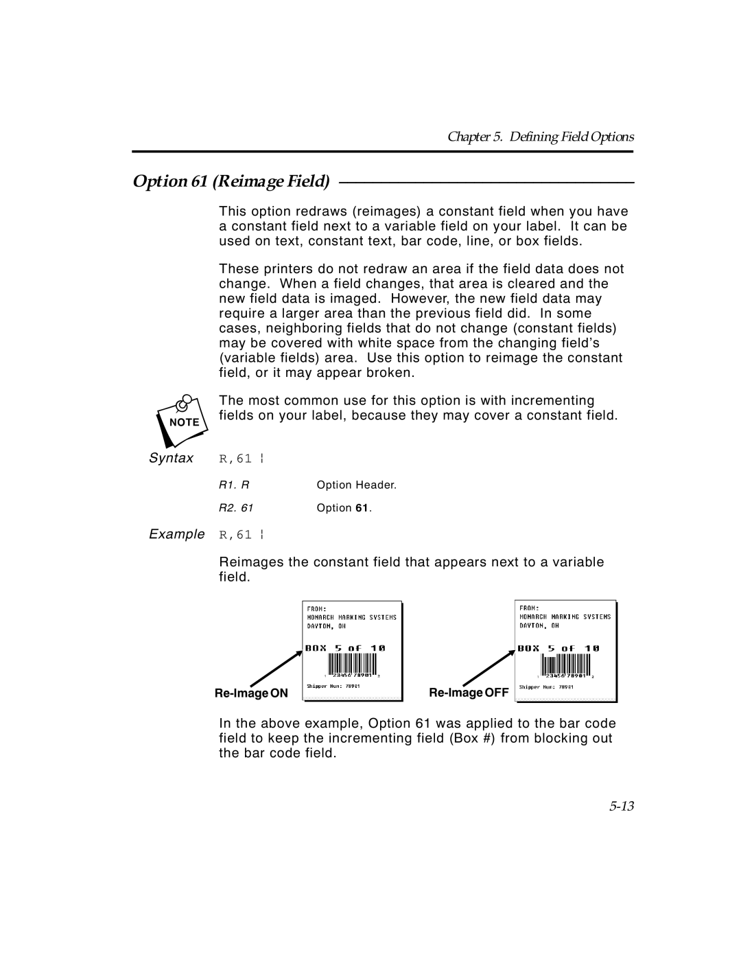 Paxar TCMPCL2PR manual Option 61 Reimage Field, Example R,61 p 