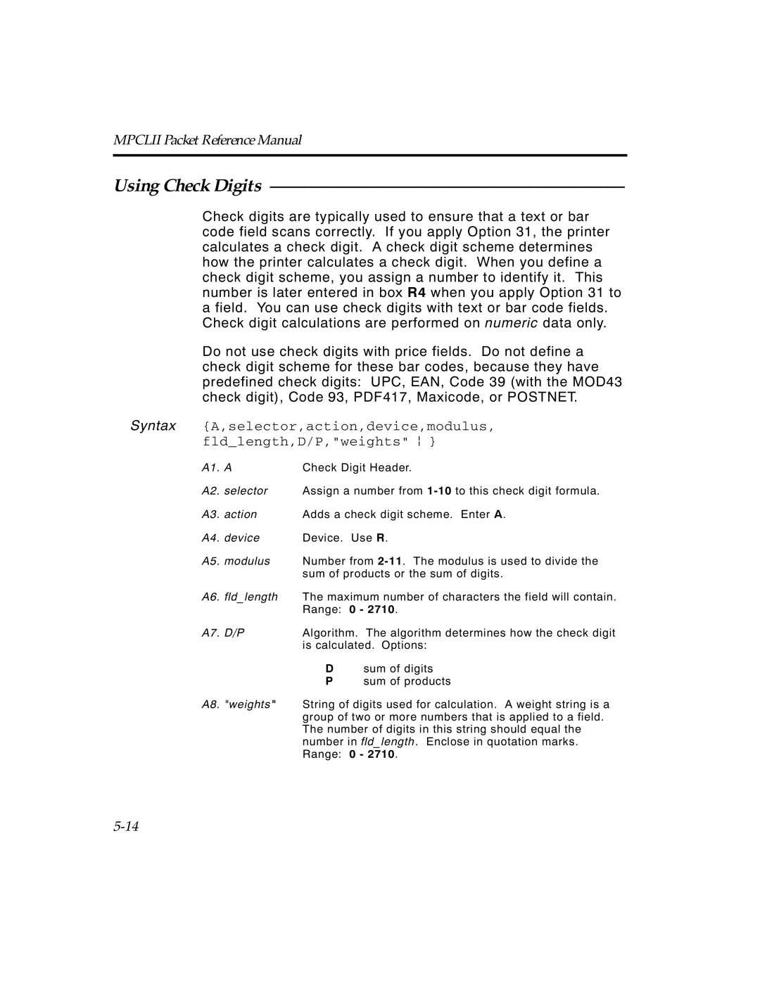 Paxar TCMPCL2PR manual Using Check Digits 