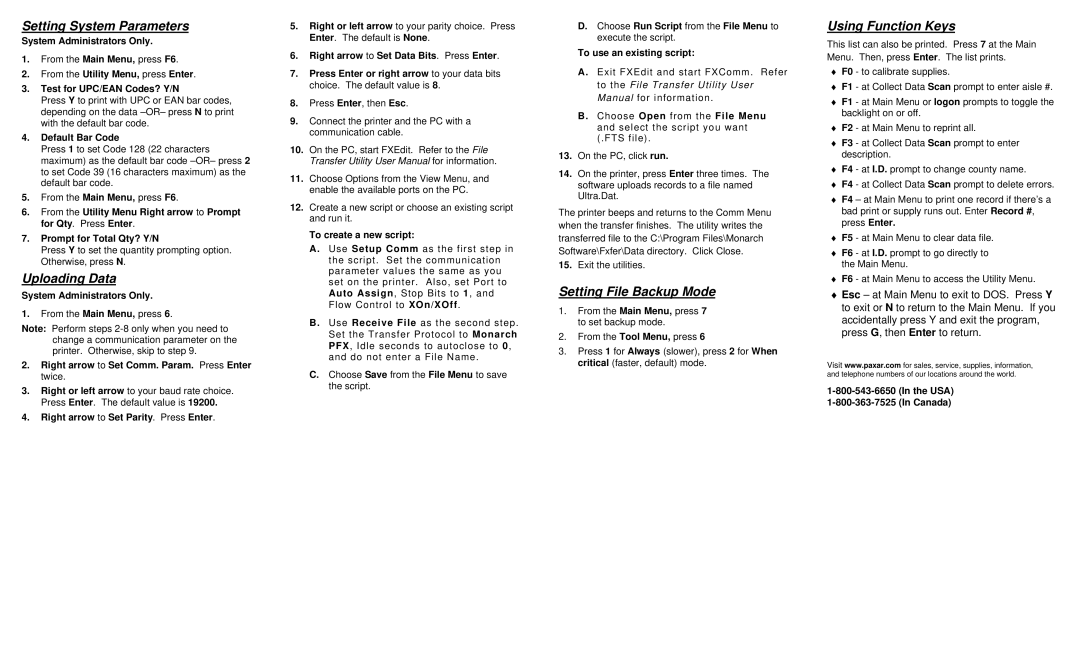 Paxar Ultra Gold 6037 manual Setting System Parameters, Uploading Data, Setting File Backup Mode, Using Function Keys 