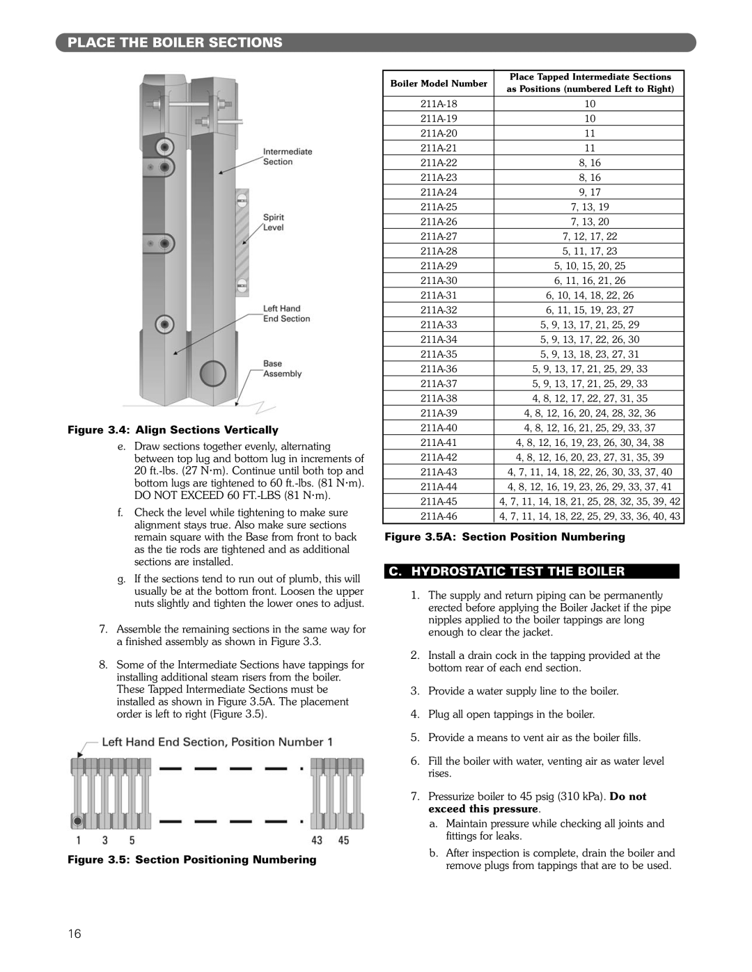 PB Heat 211A manual Hydrostatic Test the Boiler, Align Sections Vertically 