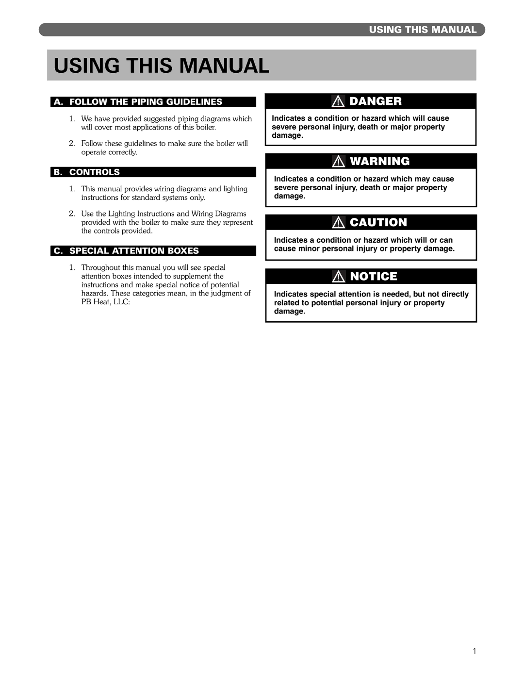 PB Heat 211A manual Using this Manual, Follow the Piping Guidelines, Controls, Special Attention Boxes 