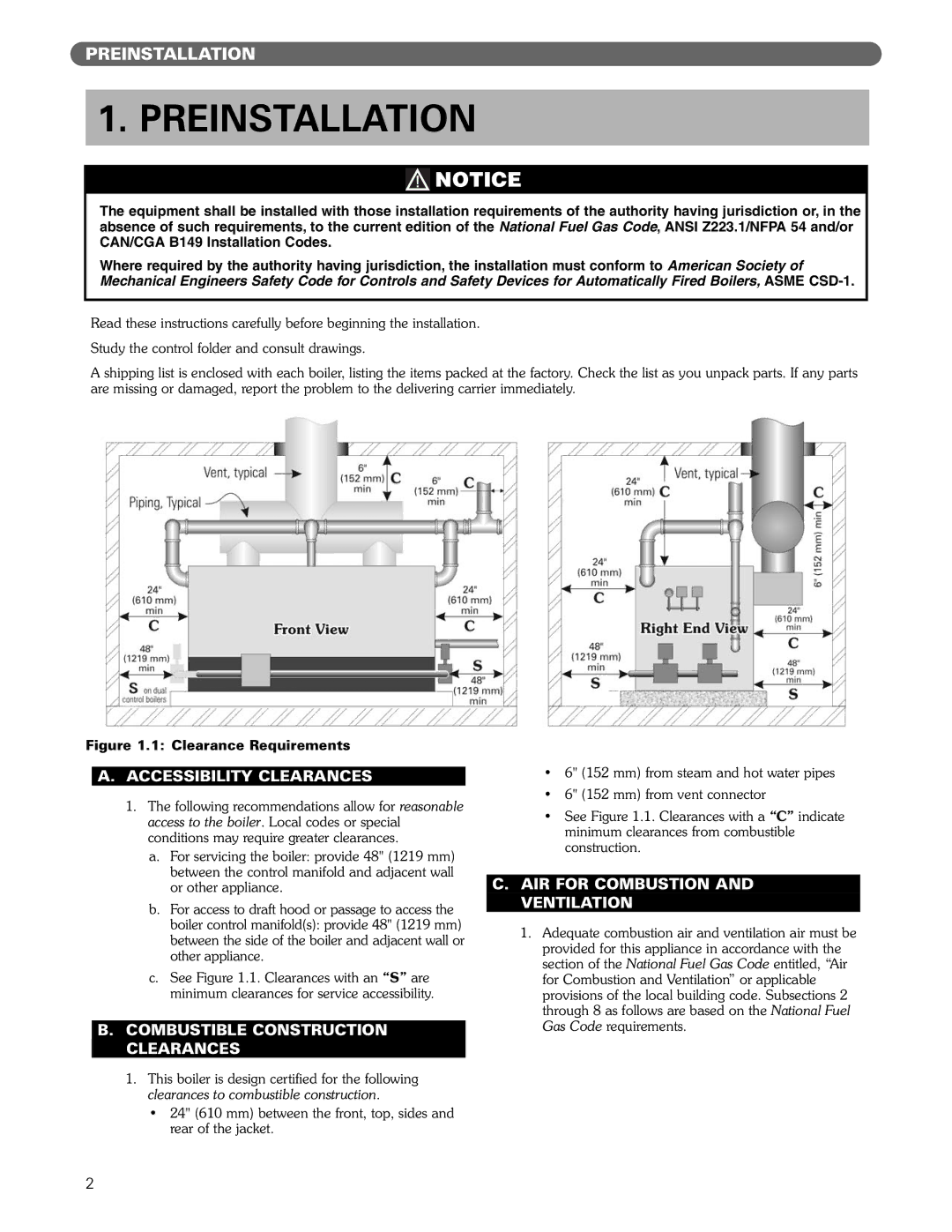 PB Heat 211A manual Preinstallation, Accessibility Clearances, Combustible Construction Clearances 