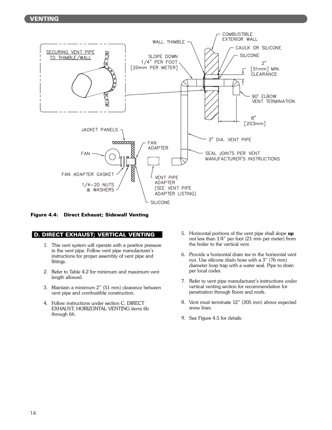 PB Heat DE manual Direct Exhaust Vertical Venting, Direct Exhaust Sidewall Venting 