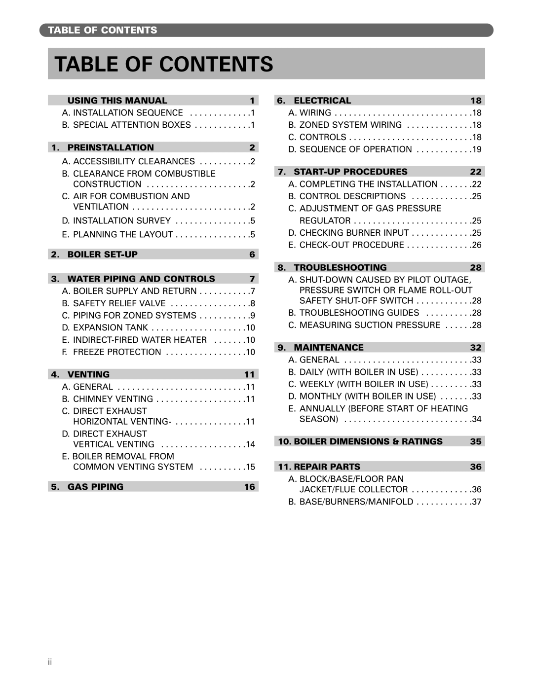 PB Heat DE manual Table of Contents 