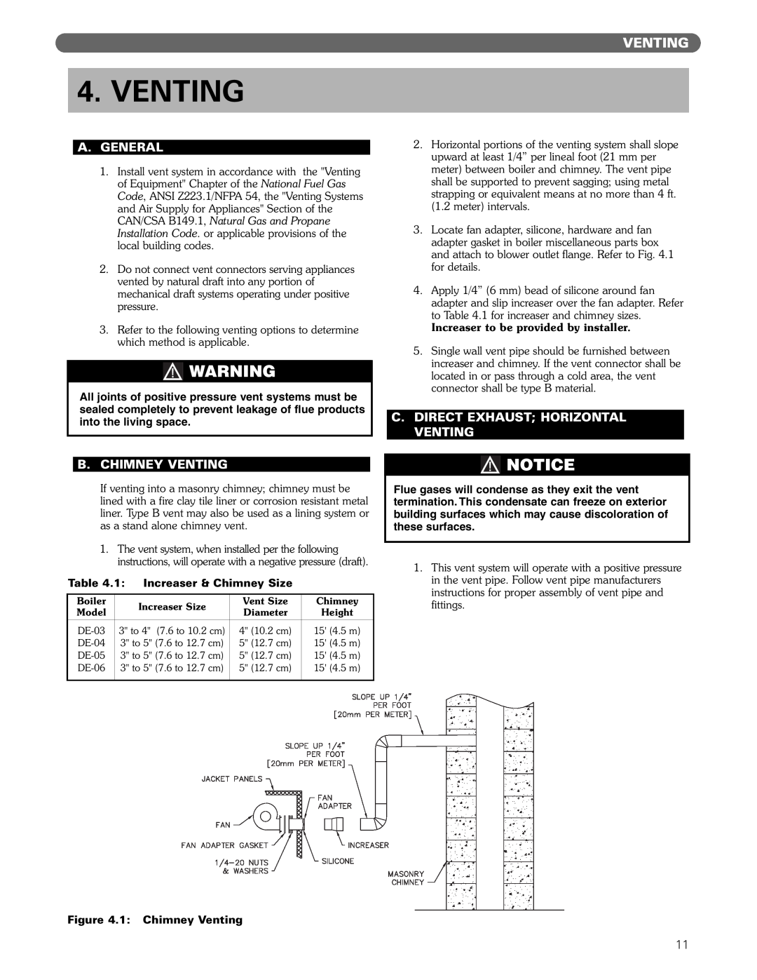 PB Heat DE manual A.General, B.Chimney Venting, C.Direct Exhaust Horizontal Venting 
