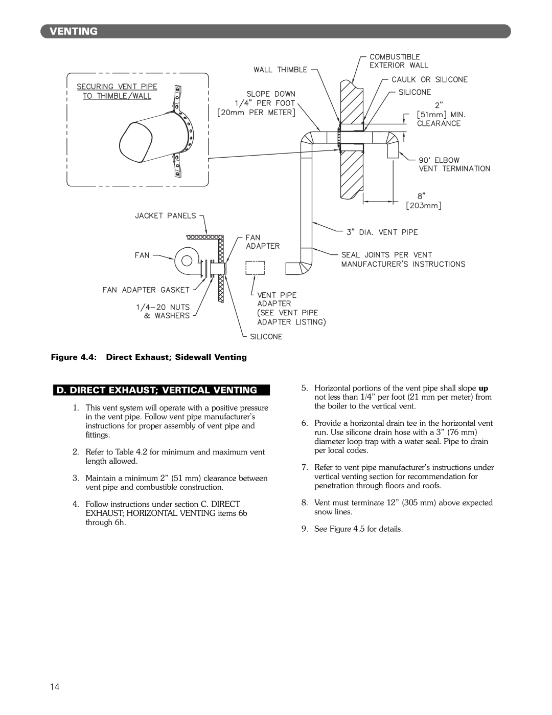 PB Heat DE manual D. Direct Exhaust Vertical Venting, 4 Direct Exhaust Sidewall Venting 
