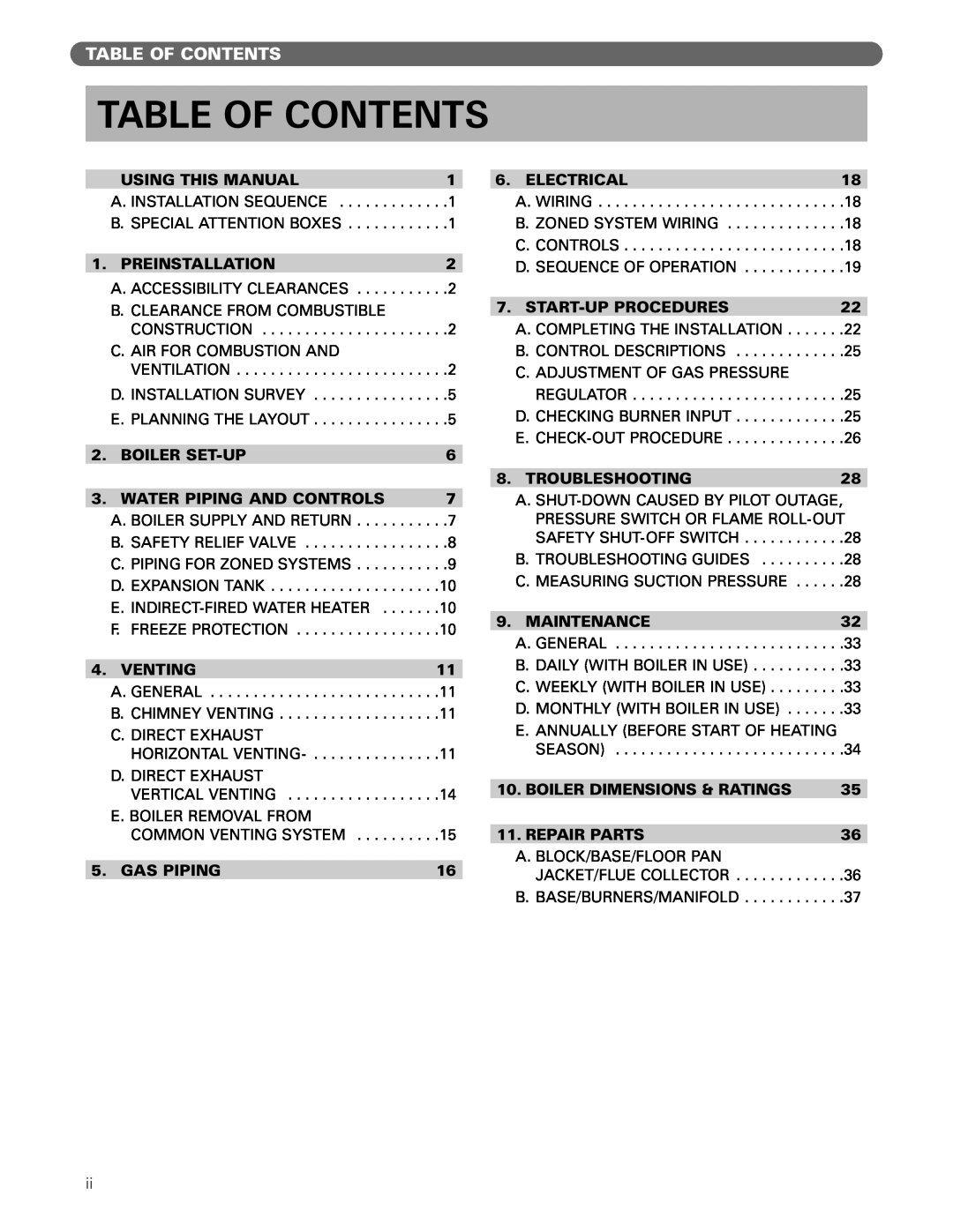 PB Heat DE manual Table Of Contents 