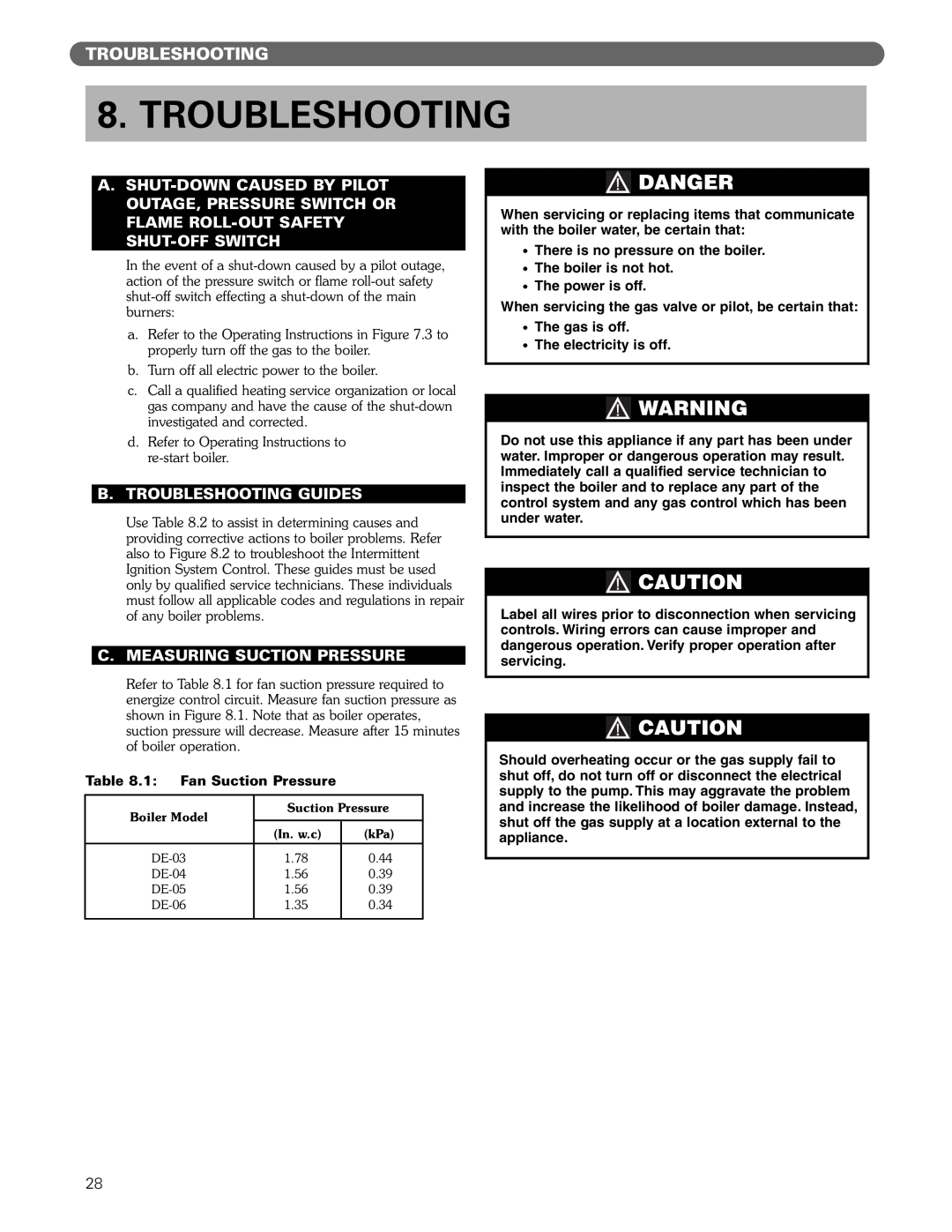 PB Heat DE manual Danger, B.Troubleshooting Guides, C.Measuring Suction Pressure 