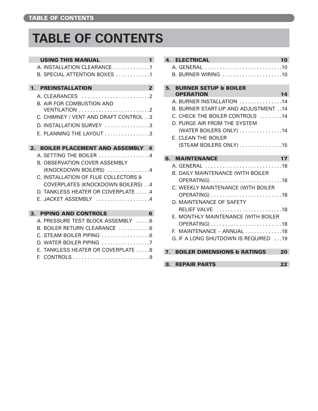 PB Heat ECT Series, EC Series manual Table of Contents 