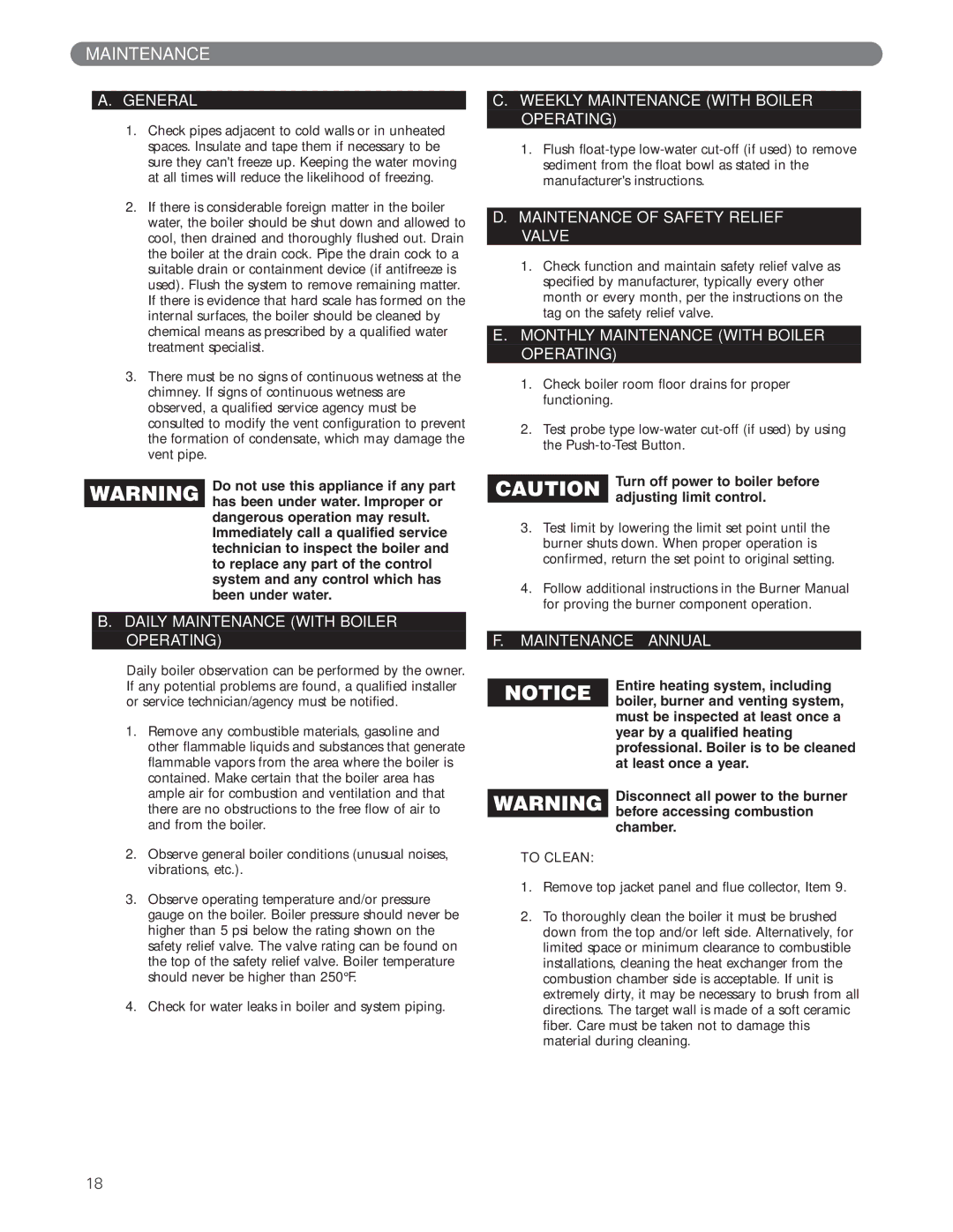 PB Heat ECT Series Daily Maintenance with Boiler Operating, Weekly Maintenance with Boiler Operating, Maintenance Annual 