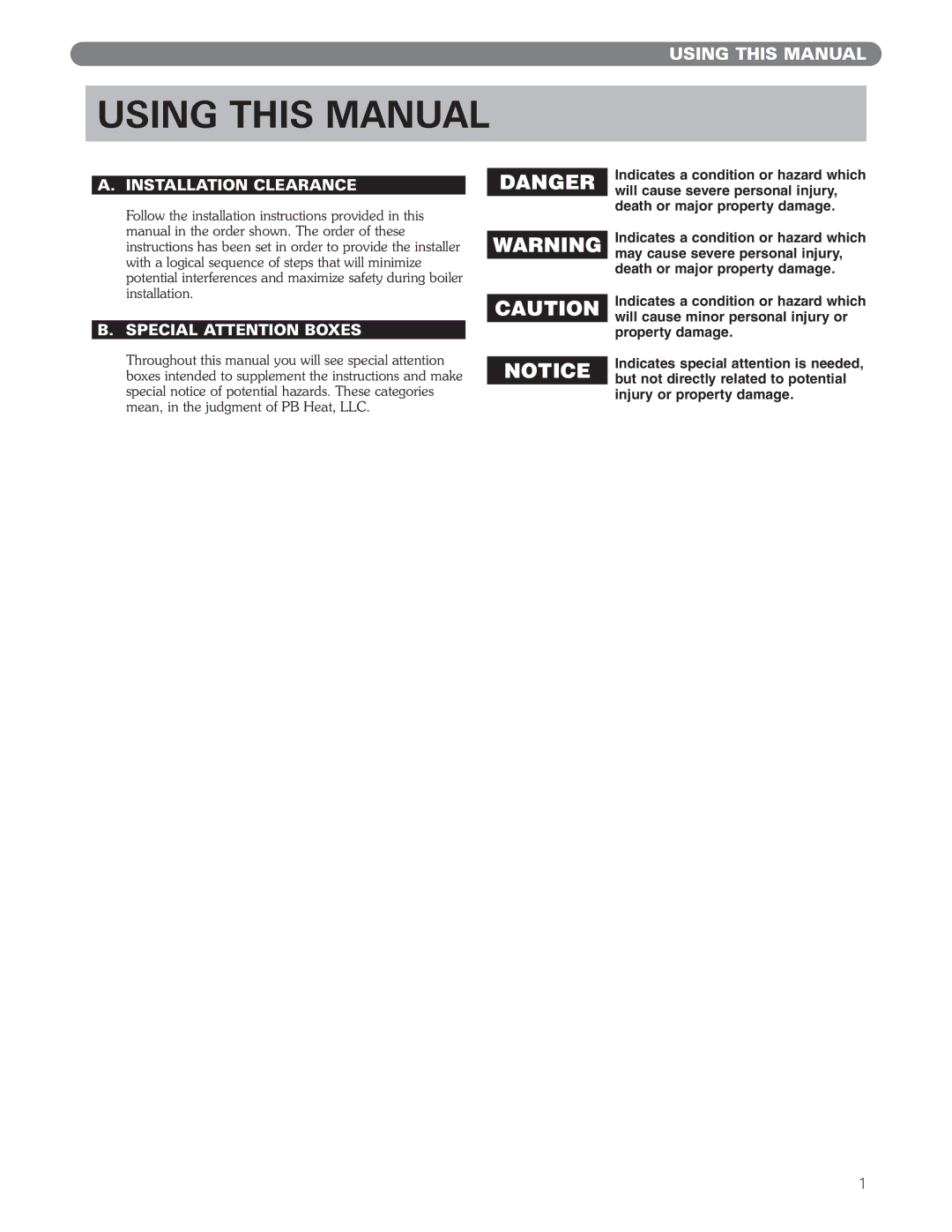 PB Heat EC Series, ECT Series manual Using this Manual, Installation Clearance, Special Attention Boxes 