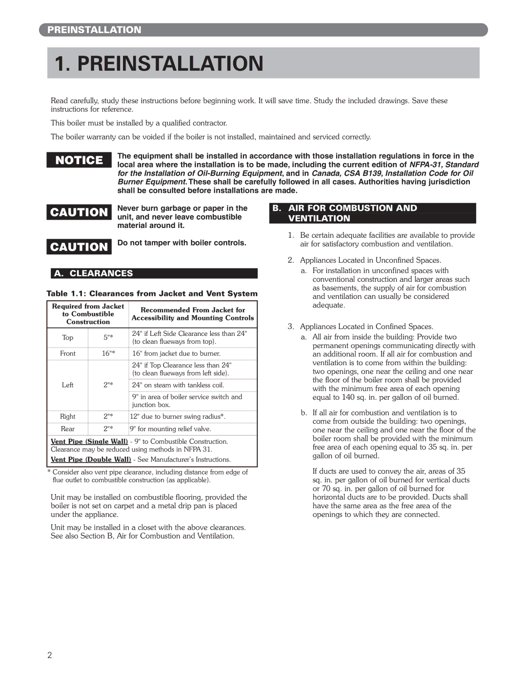 PB Heat ECT Series, EC Series Preinstallation, Clearances, AIR for Combustion and Ventilation, Never burn garbage or paper 