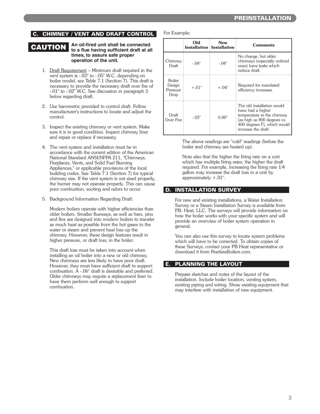 PB Heat EC Series, ECT Series manual Chimney / Vent and Draft Control, Installation Survey, Planning the Layout 