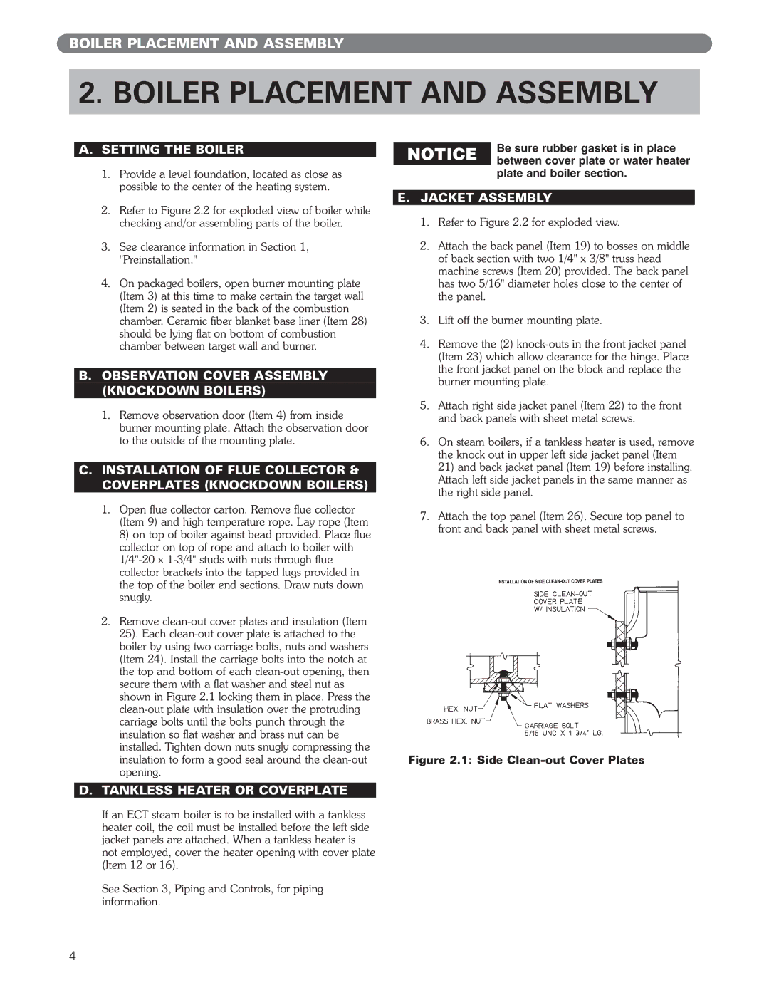 PB Heat ECT Series manual Boiler Placement and Assembly, Setting the Boiler, Observation Cover Assembly Knockdown Boilers 