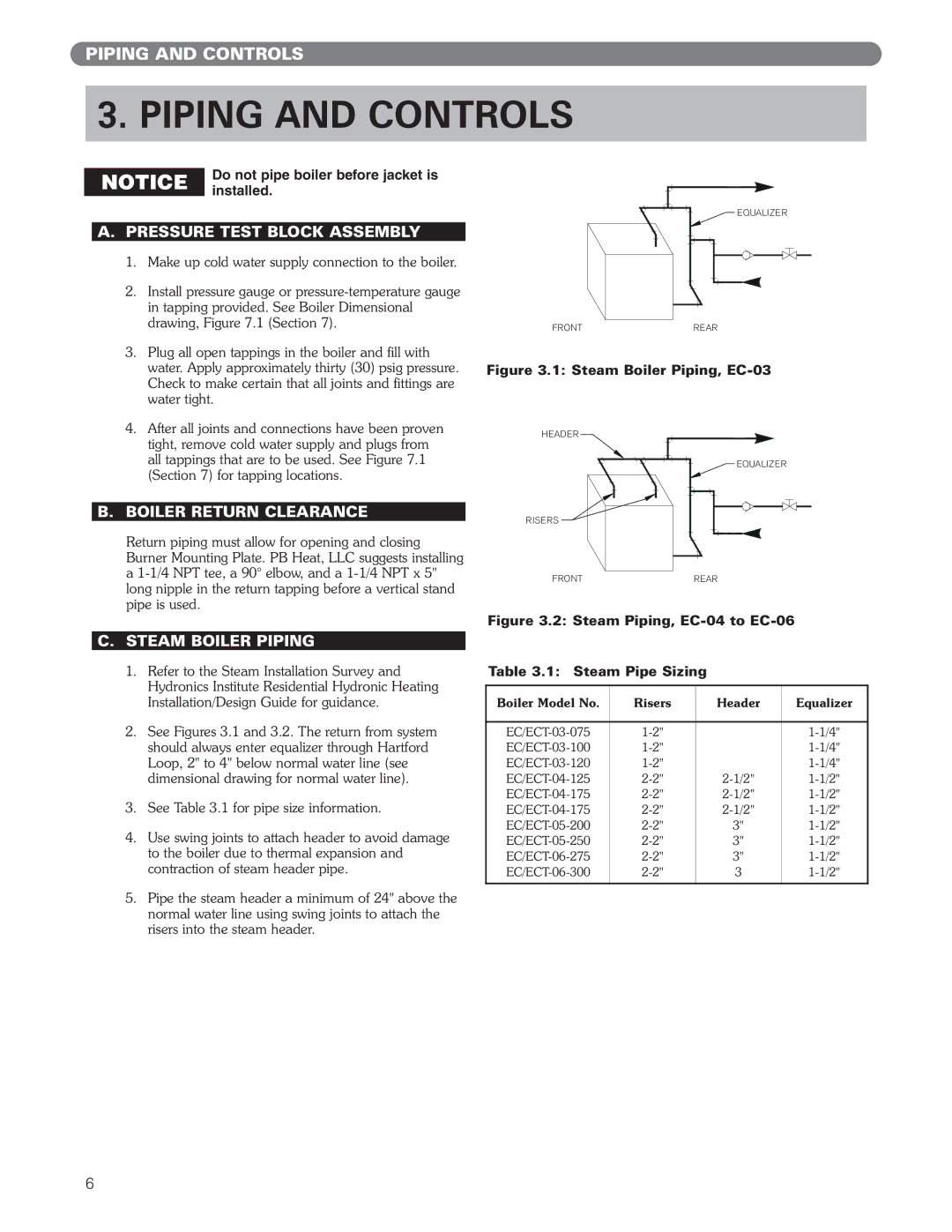 PB Heat ECT Series manual Piping and Controls, Pressure Test Block Assembly, Boiler Return Clearance, Steam Boiler Piping 