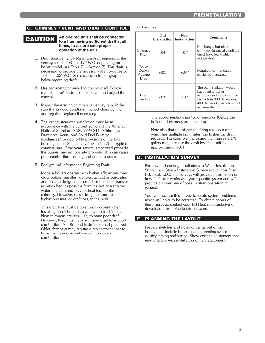 PB Heat EC Series manual Preinstallation, C. Chimney / Vent And Draft Control, D.Installation Survey, E.Planning The Layout 