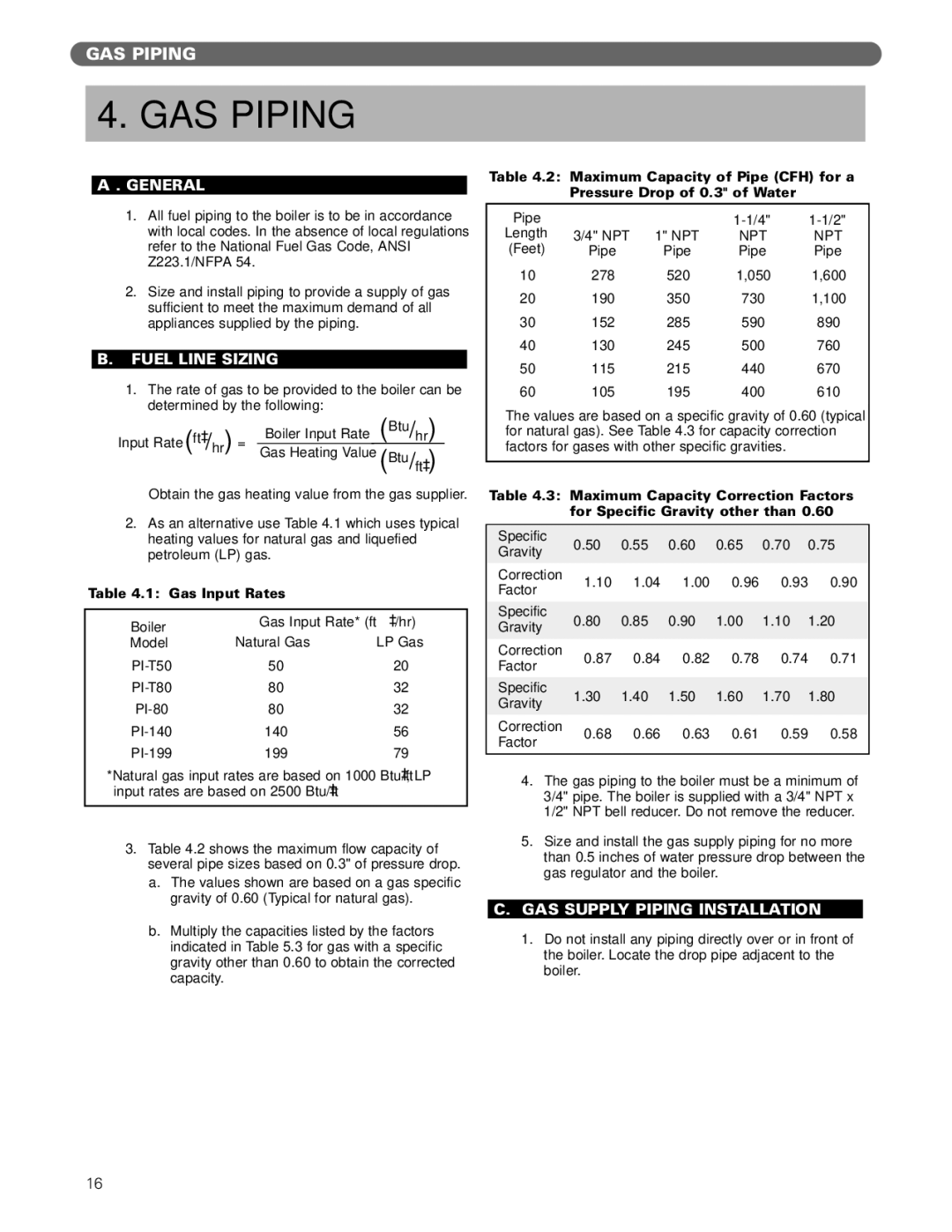 PB Heat Gas Boiler manual GAS Piping, Fuel Line Sizing, GAS Supply Piping Installation, Feet Pipe 