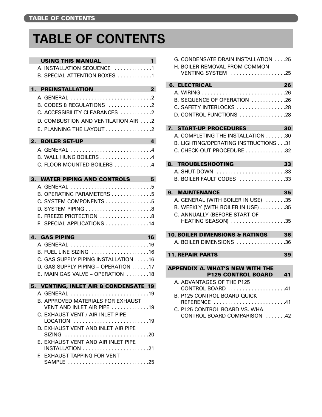 PB Heat Gas Boiler manual Table of Contents 