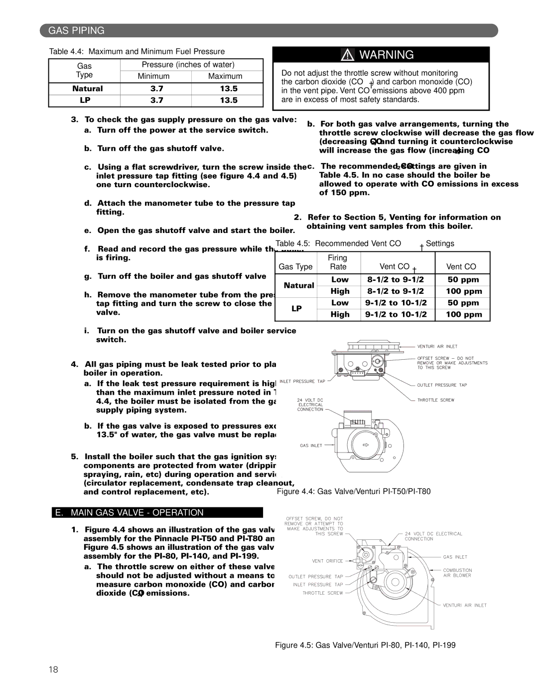 PB Heat Gas Boiler manual Main GAS Valve Operation, Recommended Vent CO² Settings Firing Gas Type Rate 