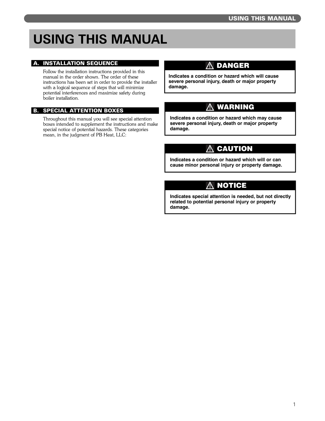 PB Heat Gas Boiler manual Using this Manual, Installation Sequence, Special Attention Boxes 