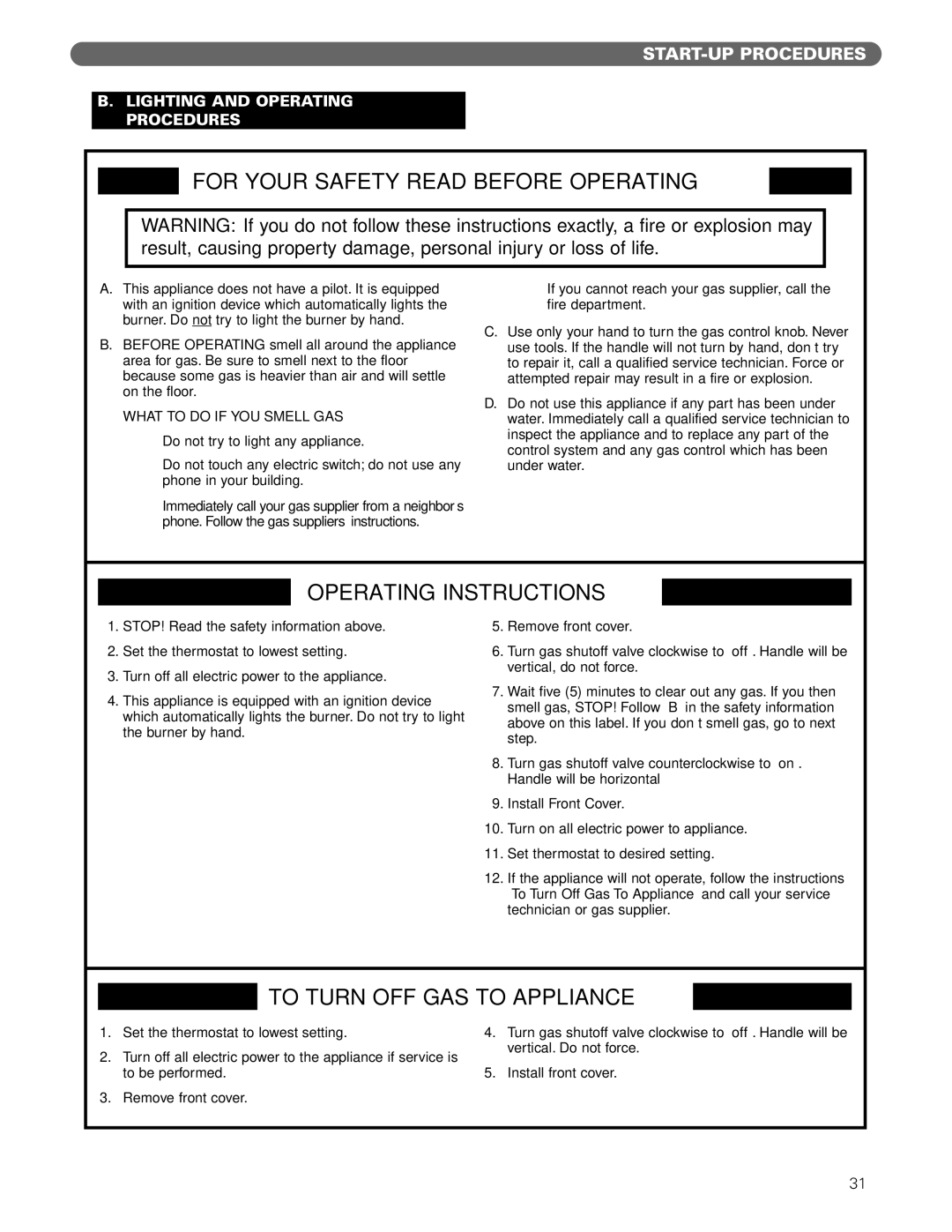 PB Heat Gas Boiler manual For Your Safety Read Before Operating, Lighting and Operating Procedures 