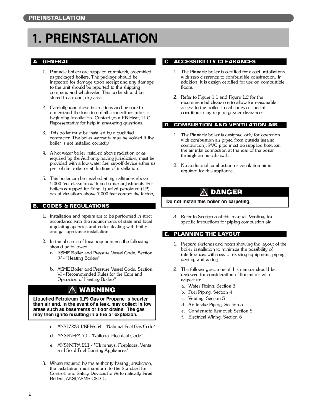 PB Heat Gas Boiler Preinstallation, General Accessibility Clearances, Codes & Regulations, Combustion and Ventilation AIR 