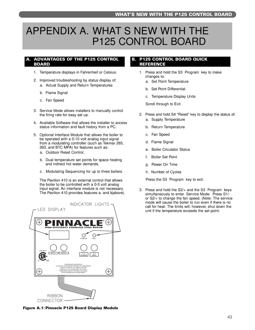 PB Heat Gas Boiler manual Appendix A. WHAT’S NEW with the P125 Control Board, Advantages of the P125 Control Board 