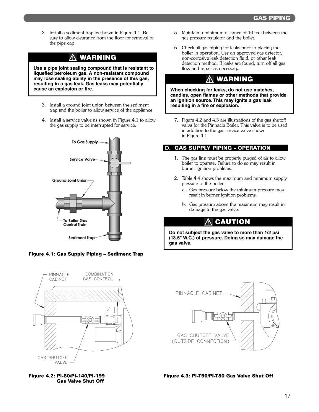 PB Heat Gas Boiler Gas Piping, D.Gas Supply Piping - Operation, 1 Gas Supply Piping - Sediment Trap, 2 PI-80/PI-140/PI-199 