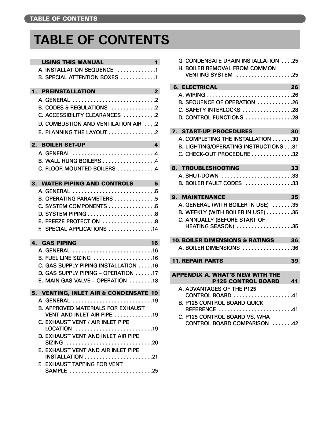 PB Heat Gas Boiler manual Table Of Contents 