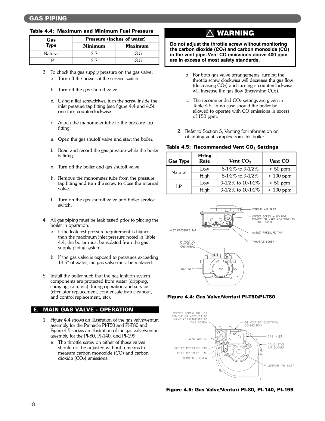PB Heat Gas Boiler manual Gas Piping, E. Main Gas Valve - Operation 