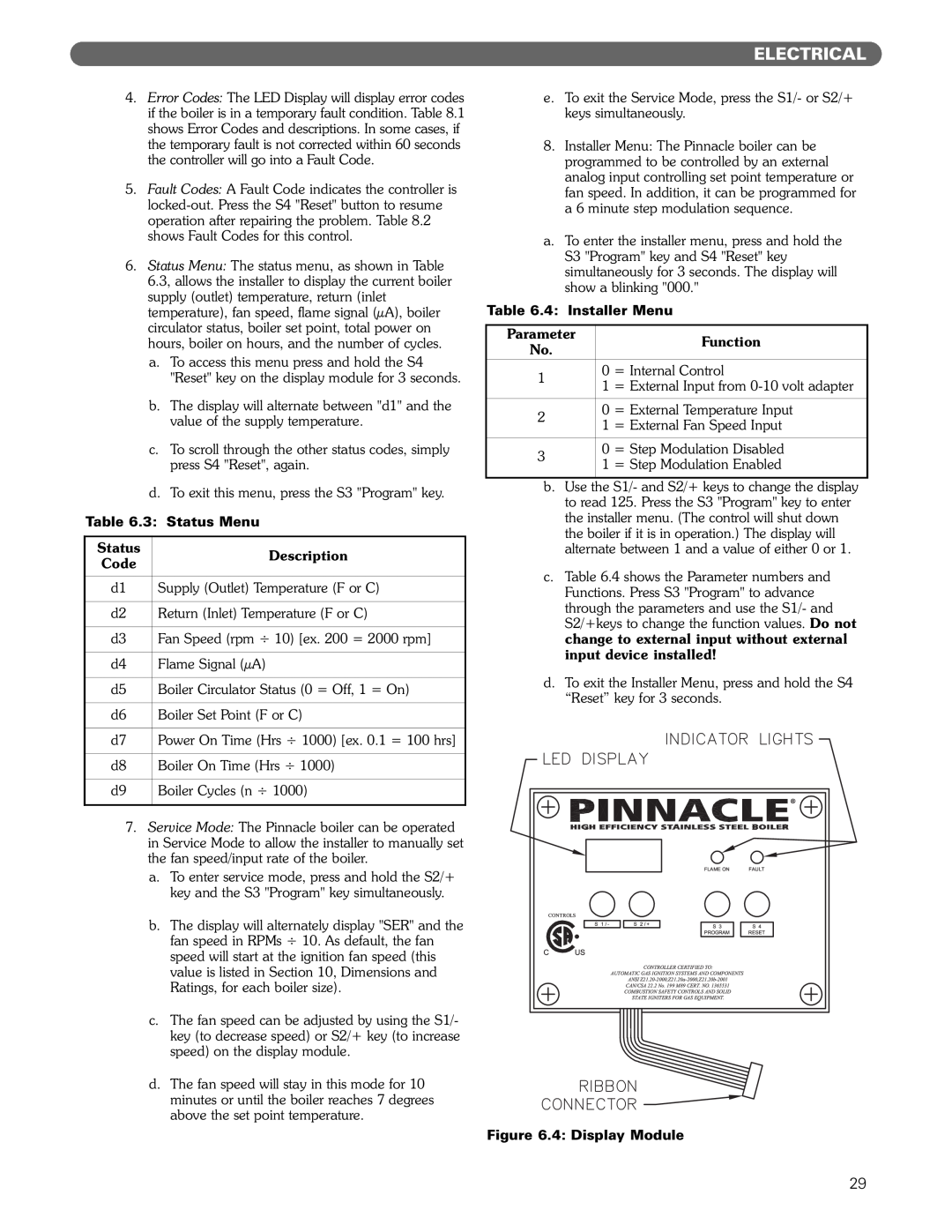 PB Heat Gas Boiler Electrical, 3 Status Menu, Description, Code, 4 Installer Menu, Parameter, Function, 4 Display Module 