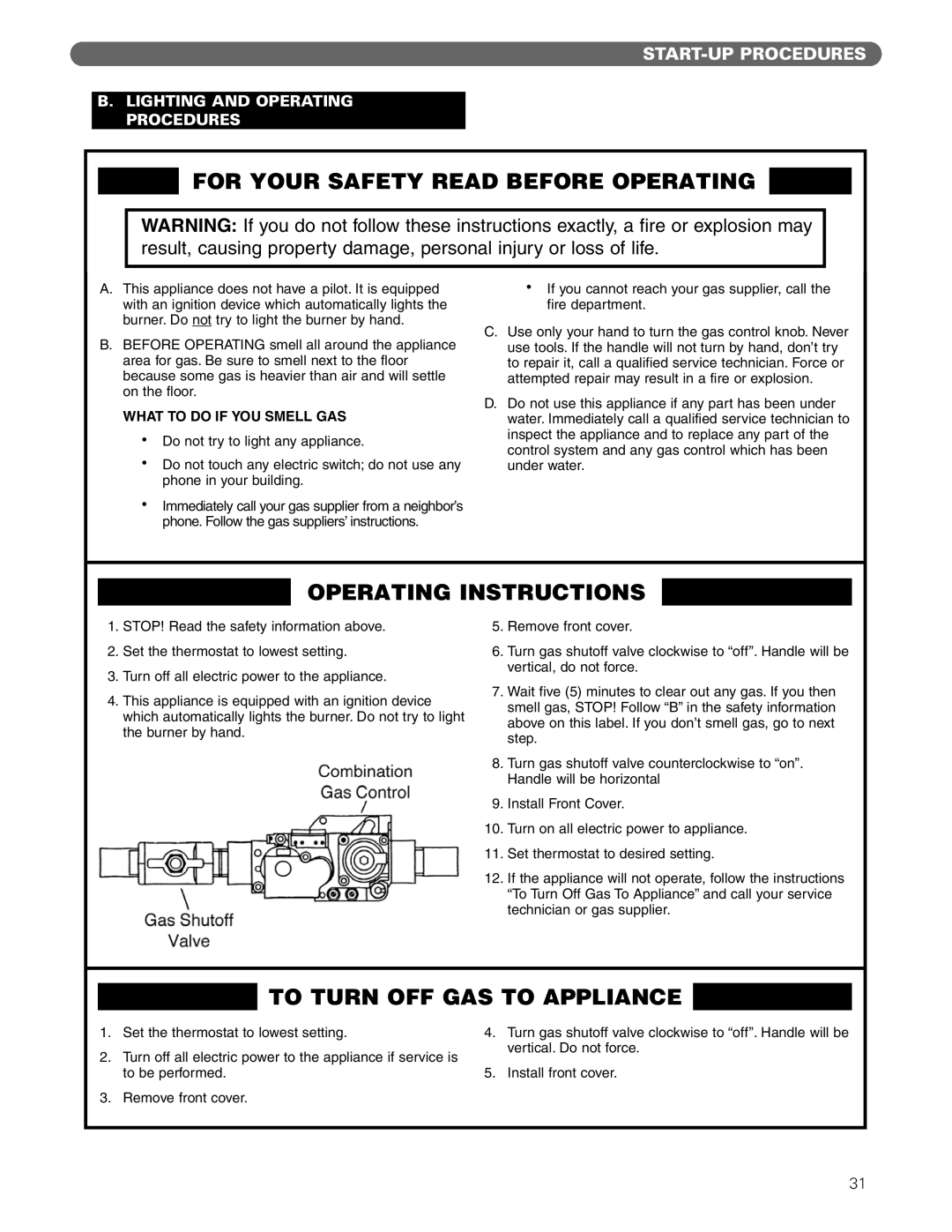 PB Heat Gas Boiler manual For Your Safety Read Before Operating, Operating Instructions, To Turn Off Gas To Appliance 