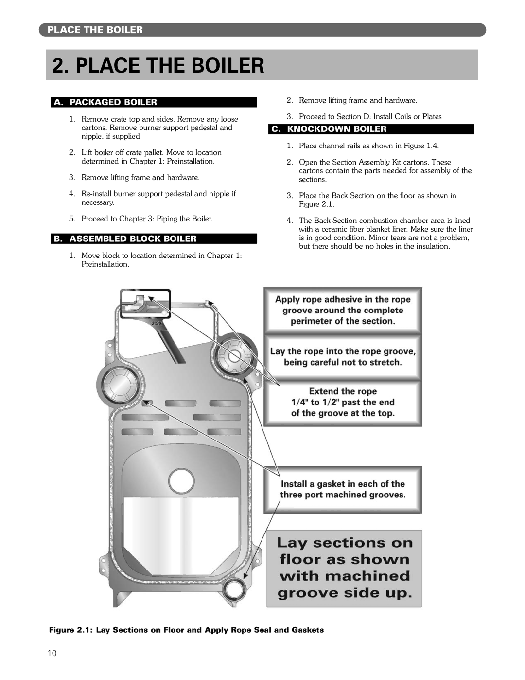 PB Heat Gas/Oil Boilers manual Place the Boiler, Packaged Boiler, Assembled Block Boiler, Knockdown Boiler 