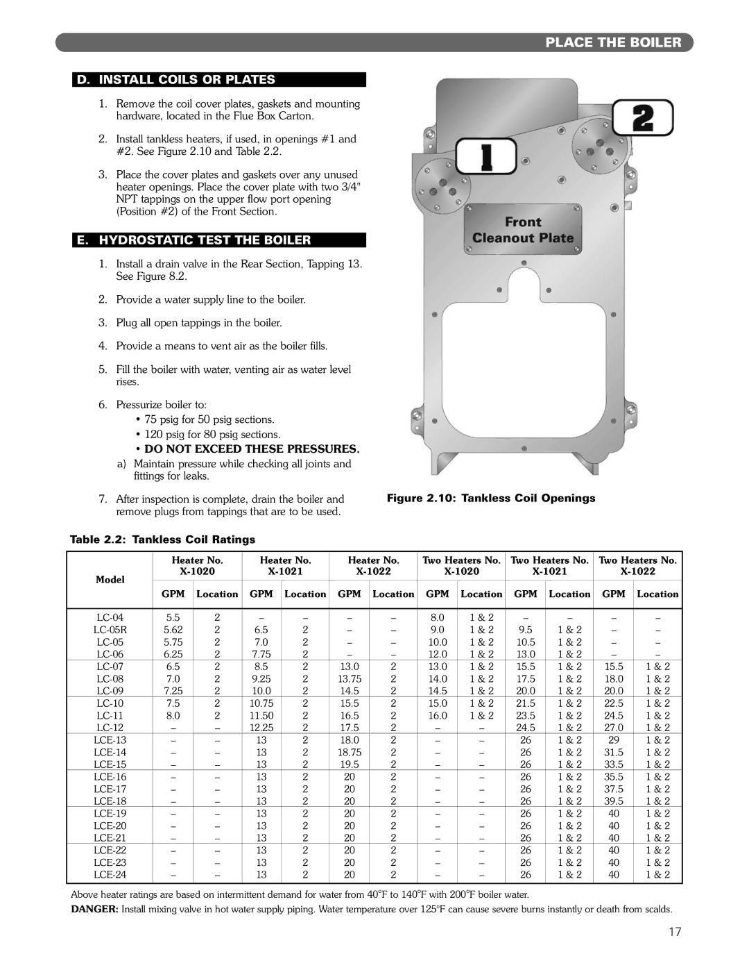 PB Heat Gas/Oil Boilers manual Install Coils or Plates, Hydrostatic Test the Boiler, Tankless Coil Ratings 