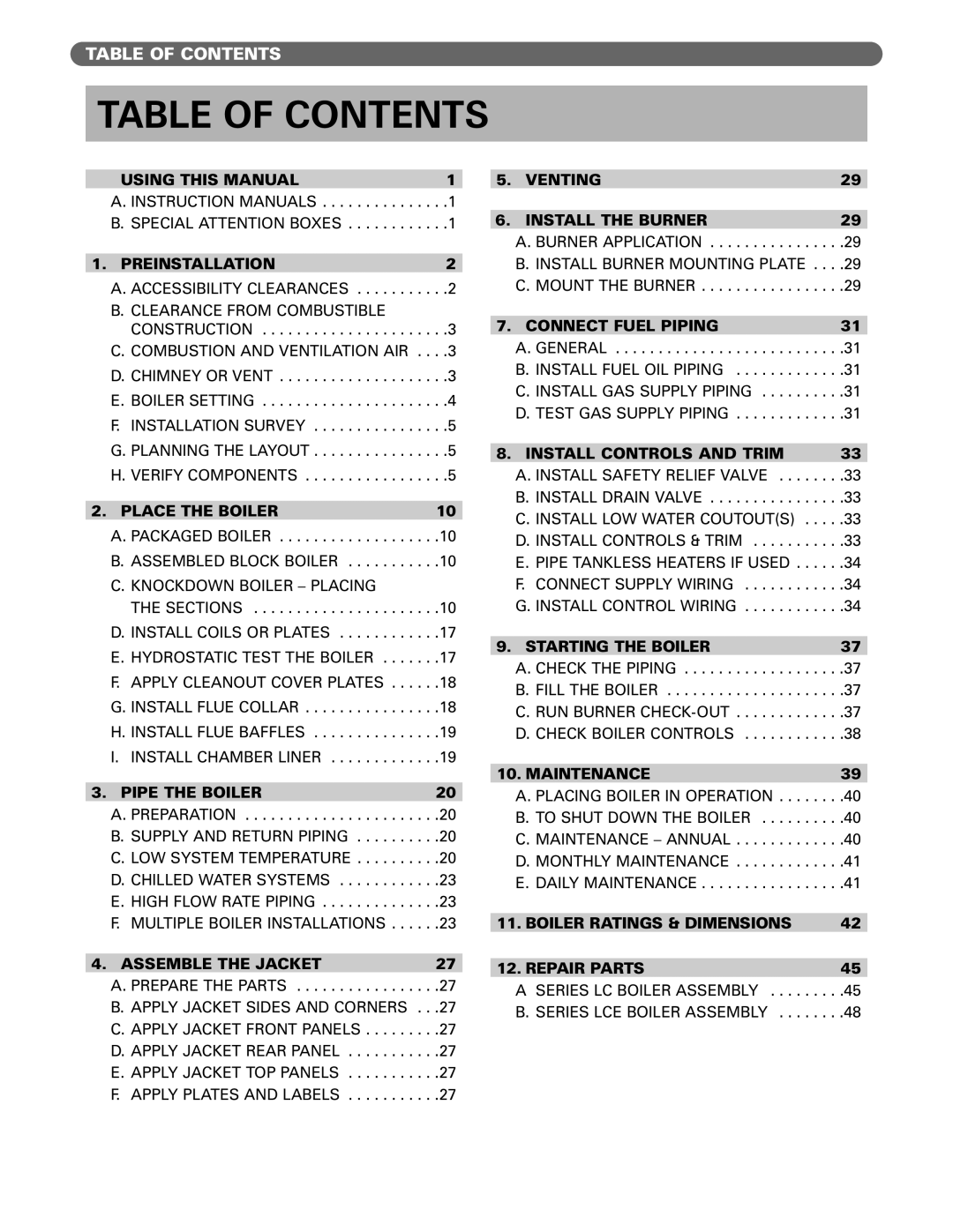 PB Heat Gas/Oil Boilers manual Table of Contents 