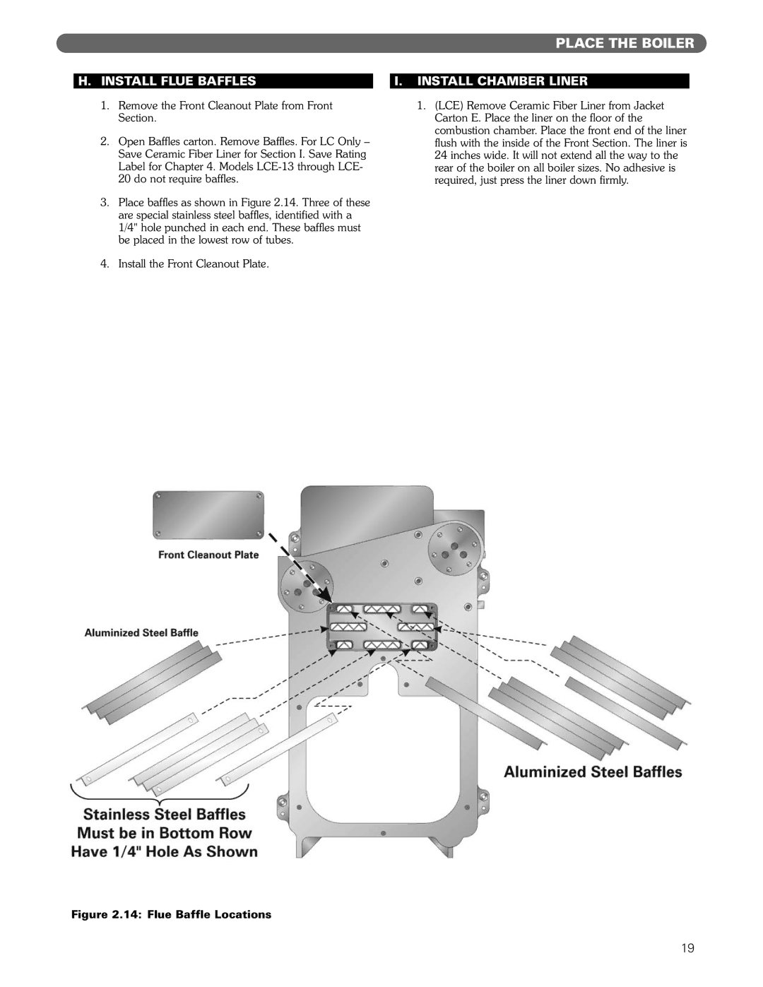 PB Heat Gas/Oil Boilers manual Install Flue Baffles, Install Chamber Liner 