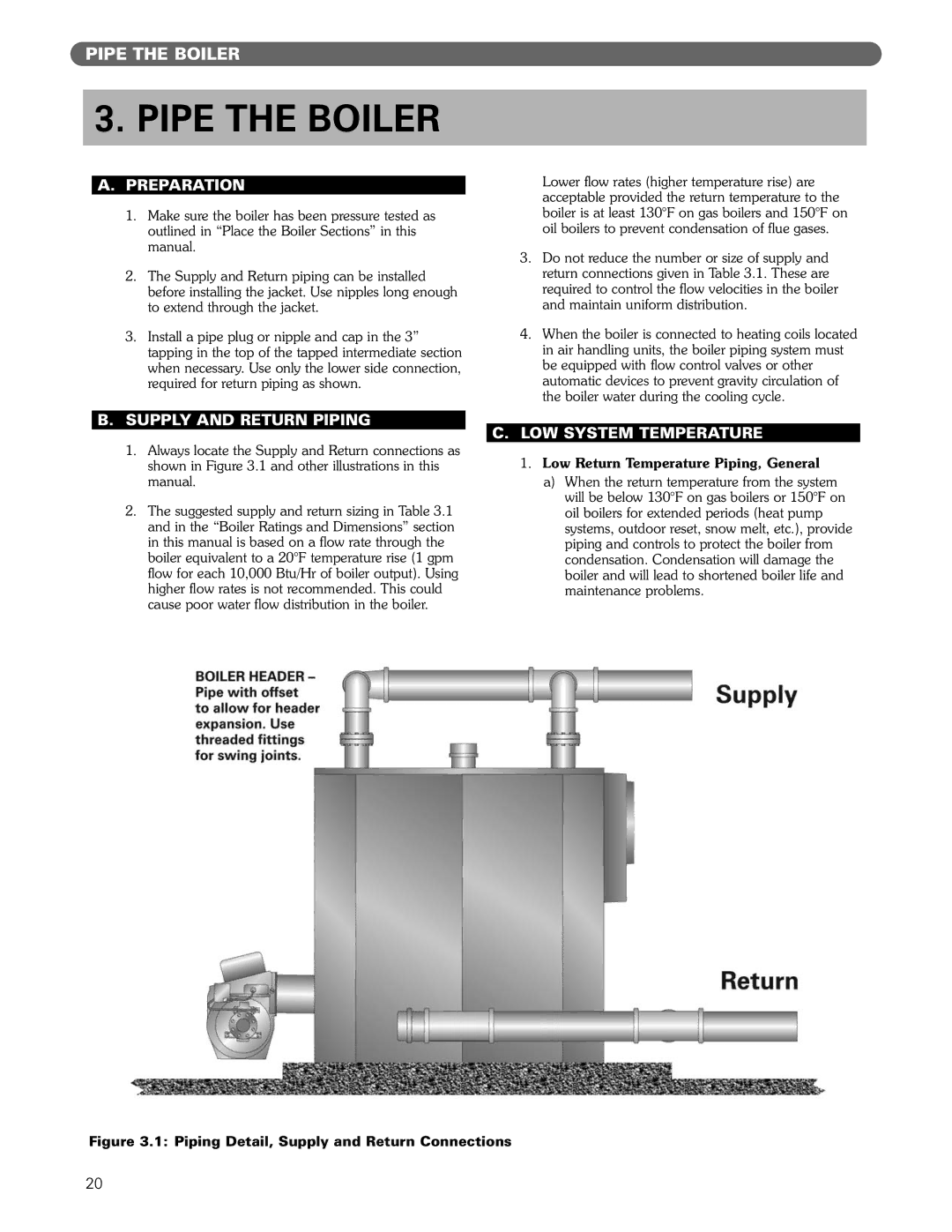 PB Heat Gas/Oil Boilers manual Pipe the Boiler, Preparation, Supply and Return Piping, LOW System Temperature 