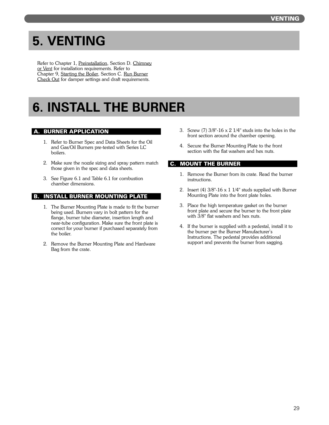 PB Heat Gas/Oil Boilers Venting, Install the Burner, Burner Application, Install Burner Mounting Plate, Mount the Burner 