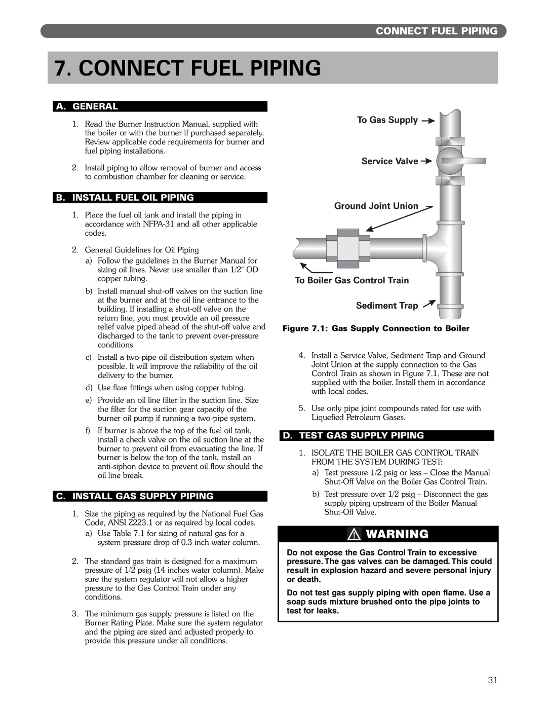 PB Heat Gas/Oil Boilers manual Connect Fuel Piping, General, Install Fuel OIL Piping, Install GAS Supply Piping 