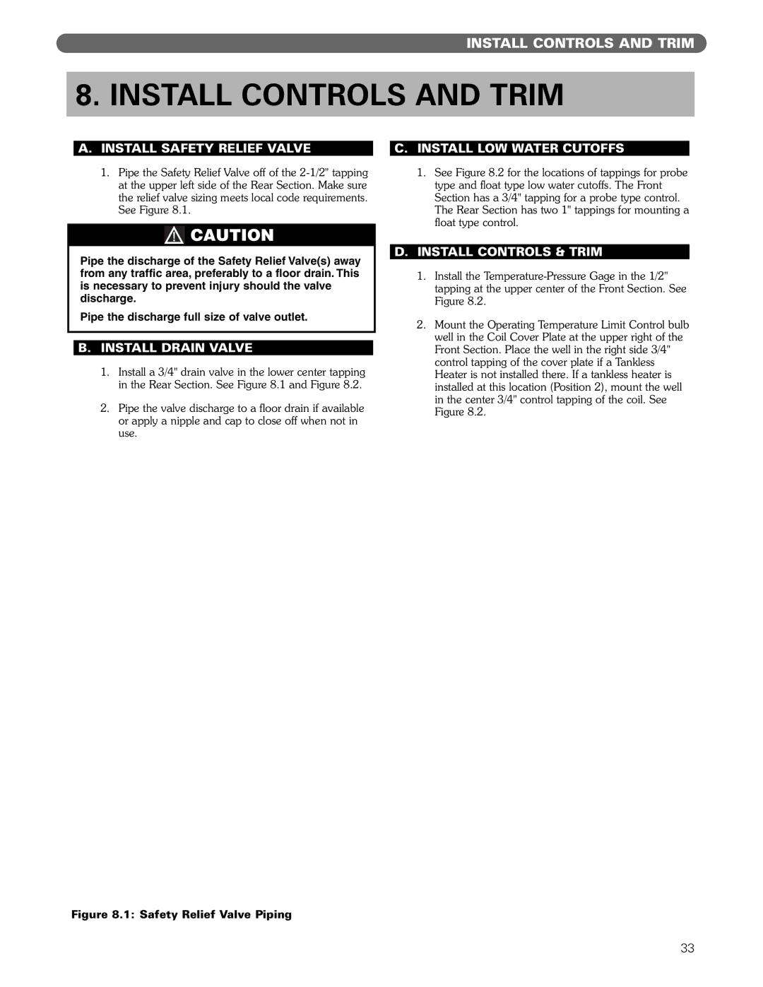 PB Heat Gas/Oil Boilers manual Install Controls and Trim, Install Safety Relief Valve, Install Drain Valve 