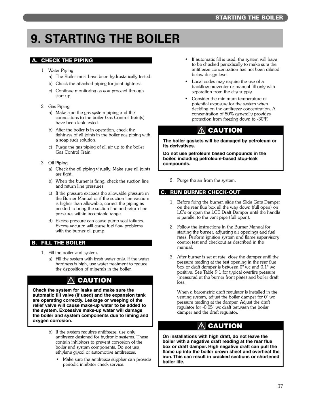 PB Heat Gas/Oil Boilers manual Starting the Boiler, Check the Piping, Fill the Boiler, RUN Burner CHECK-OUT 