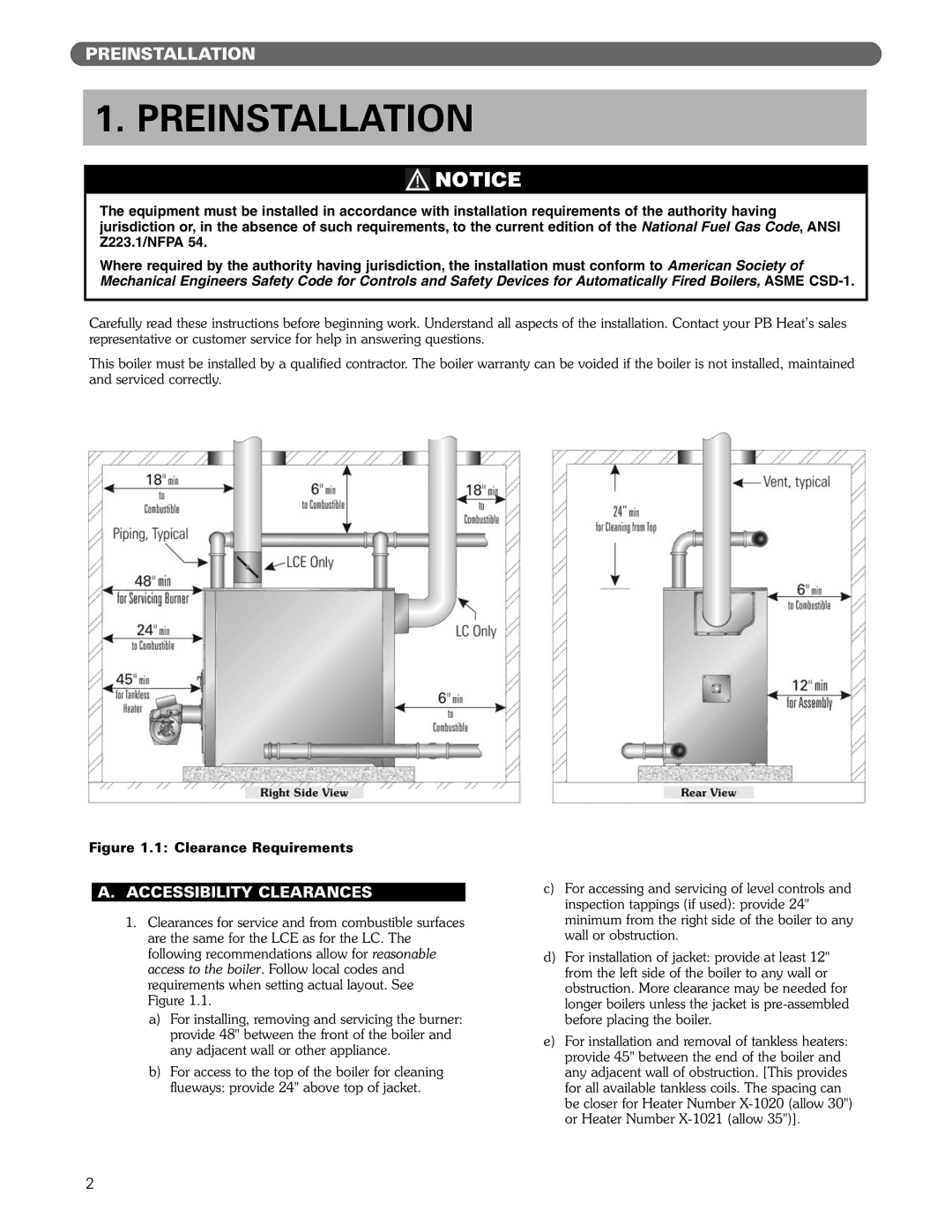 PB Heat Gas/Oil Boilers manual Preinstallation, Accessibility Clearances 