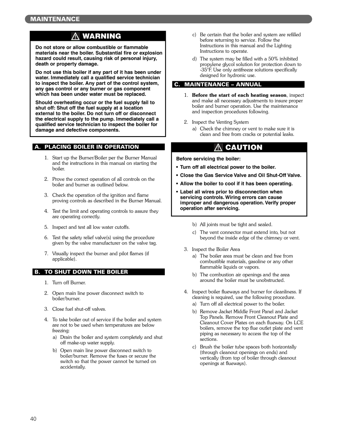 PB Heat Gas/Oil Boilers manual Placing Boiler in Operation, To Shut Down the Boiler, Maintenance Annual 