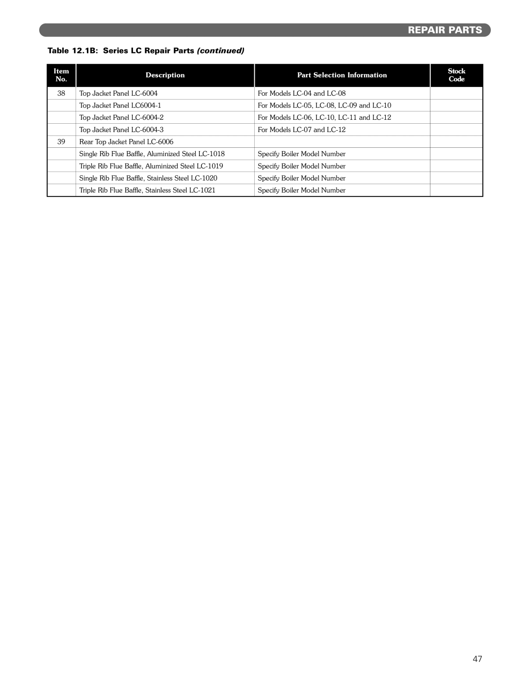 PB Heat Gas/Oil Boilers manual 1B Series LC Repair Parts 