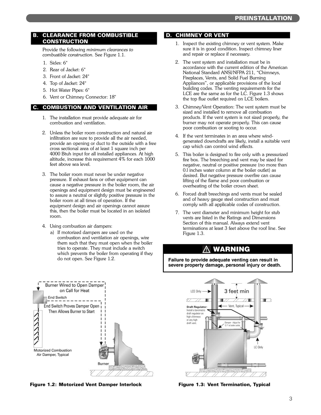 PB Heat Gas/Oil Boilers manual Clearance from Combustible Construction, Combustion and Ventilation AIR, Chimney or Vent 