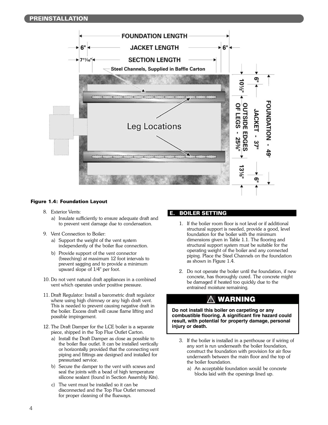 PB Heat Gas/Oil Boilers manual Boiler Setting, Foundation Layout 